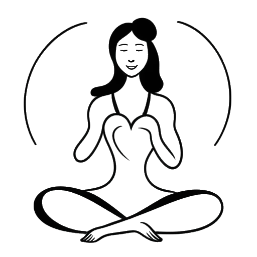 Lijntekening van een vrouw die Kayla Nicole vertegenwoordigt in een yogahouding met een tekstballon met daarin een hart, wat haar toewijding aan gezondheidsbevordering en authentieke communicatie weergeeft.