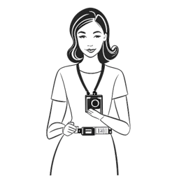 Line art drawing of a woman representing Kayla Nicole as a media host with a camera icon and symbols of entrepreneurship, including a fashion garment and a mental health awareness ribbon, against a white backdrop.