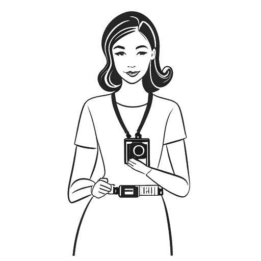Line art drawing of a woman representing Kayla Nicole as a media host with a camera icon and symbols of entrepreneurship, including a fashion garment and a mental health awareness ribbon, against a white backdrop.