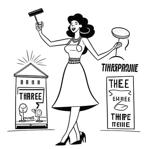 Desenho em arte linear de uma mulher, representando Kayla Nicole, segurando confiante um microfone e usando faixa de concurso, cercada por ícones de mídia social. Ao fundo, um negócio chamado 'Tribe Therape' é mostrado, ilustrando suas diversas fontes de renda.