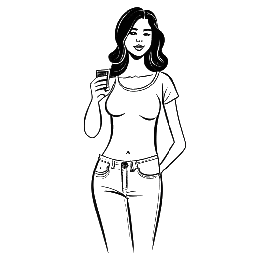 Desenho em arte linear de uma mulher, representando Kayla Nicole, segurando um par de jeans, com uma bolha de fala contendo as palavras 'roer jeans' ao fundo.