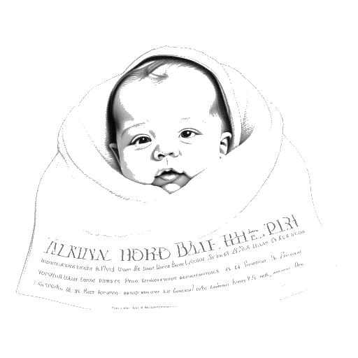 Strichzeichnung eines Babymädchens, das Kayla Nicole darstellt, in eine Decke gehüllt, mit einer Geburtsurkunde, auf der der Name Kayla Brown und das Datum 2. November 1991 stehen.