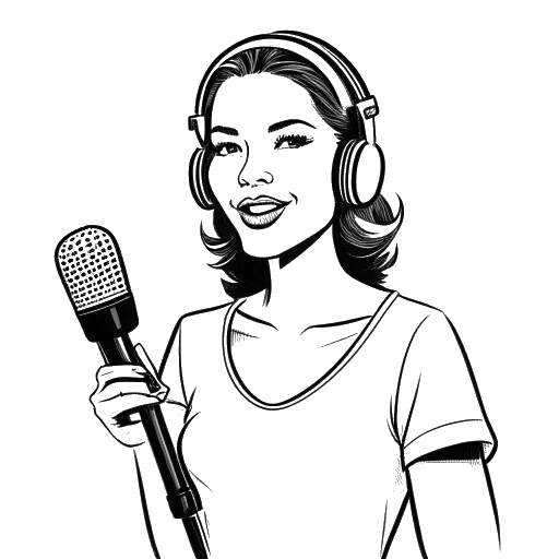 Dibujo de arte lineal de una mujer que representa a Kayla Nicole, sosteniendo un micrófono, con un letrero de la estación de radio CBS 92.3 en el fondo.