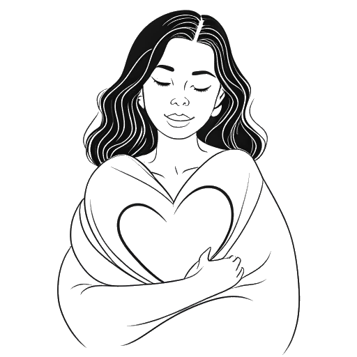Dibujo de arte lineal de una mujer que representa a Kayla Nicole, sosteniendo una manta, con un símbolo de corazón en el fondo.