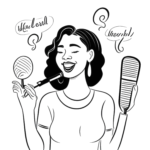 Strichzeichnung einer Frau, die Kayla Nicole darstellt, ein Mikrofon haltend, mit Sprechblasen im Hintergrund, die die Worte 'psychische Gesundheit', 'Beziehungen' und 'Selbstfürsorge' enthalten.