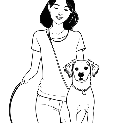 Strichzeichnung einer Frau, die Kayla Nicole darstellt, die eine Leine hält, an der ein Hund angebunden ist, mit einem Herzsymbol im Hintergrund.