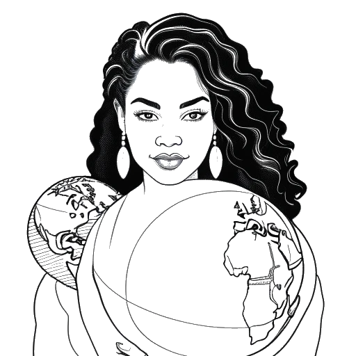 Line art drawing of a woman, representing Kayla Nicole, holding a globe, with Asian and West Indian flags in the background.