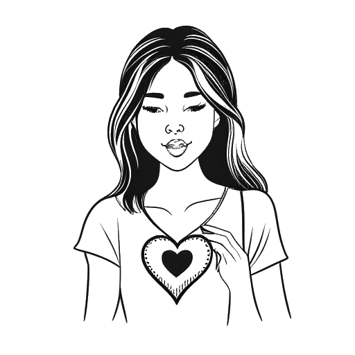 Desenho em arte linear de uma mulher, representando Kayla Nicole, segurando um símbolo de coração partido, com as palavras 'amizade' e 'reciprocidade' ao fundo.