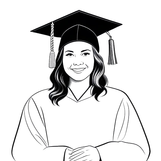 Lijntekening van een vrouw, Kayla Nicole voorstellend, met een afstudeerkap en toga, een diploma vasthoudend, met het zegel van Pepperdine University op de achtergrond.