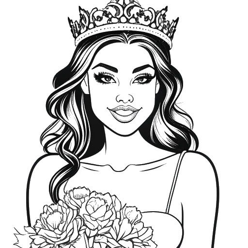 Line art drawing of a woman, representing Kayla Nicole, wearing a beauty pageant sash and tiara, holding a bouquet of flowers, with a Miss Malibu 2013 sign in the background.