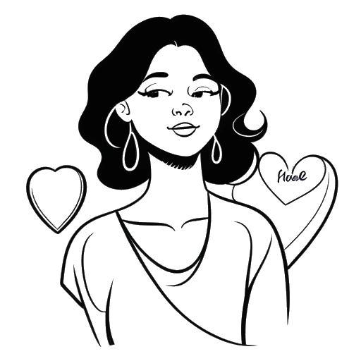 Desenho em arte linear de uma mulher, representando Kayla Nicole, segurando uma bolha de fala contendo a palavra 'narcisista', com símbolos de coração e coração partido ao fundo.