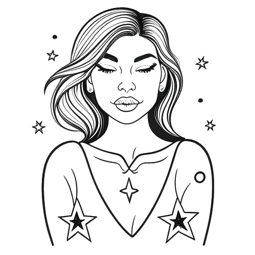 Desenho em arte linear de uma mulher, representando Kayla Nicole, exibindo suas tatuagens, com símbolos de coração e estrela ao fundo.