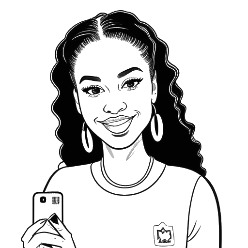 Disegno in arte lineare di una donna, rappresentante Kayla Nicole, che tiene uno smartphone con il logo di Instagram, con caricature di Patrick Mahomes e Brittany sullo sfondo.