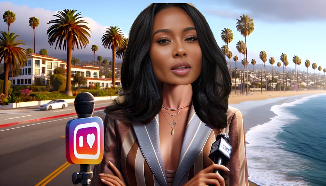 Kayla Nicole stands confidently with California scenery behind her, dressed in high-end fashion and holding a microphone, with social media icons nearby, embodying her role as a model, journalist, and influencer.