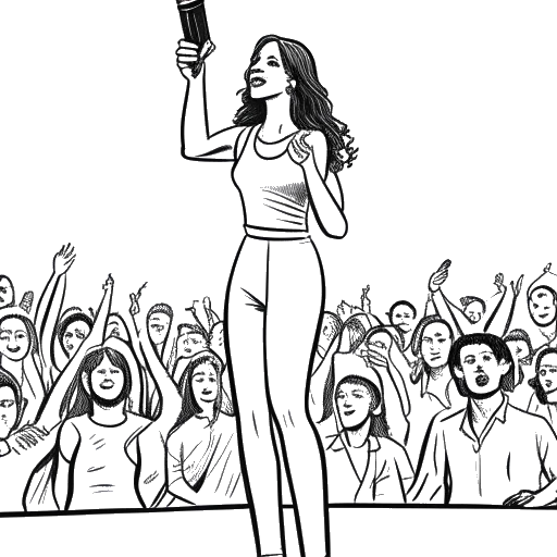 Desenho de linha de uma mulher, representando Tyla, aceitando um prêmio musical prestigioso, com uma estatueta do Grammy e uma plateia entusiasmada ao fundo.