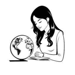 Line drawing of a woman, representing Tyla, signing a record deal, with a globe in the background symbolizing her world tour.