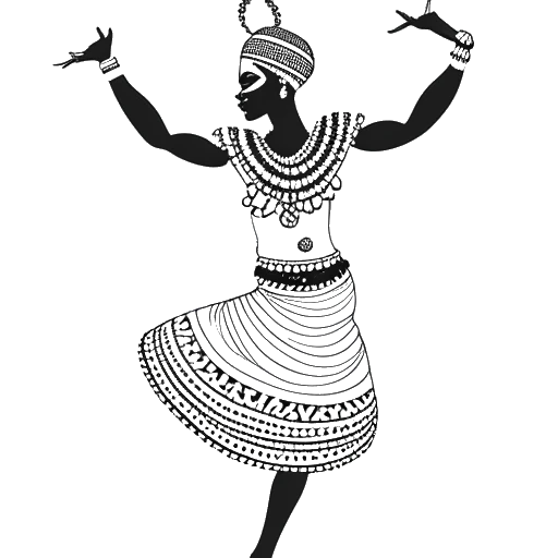 Strichzeichnung einer Frau, die Tyla darstellt und einen traditionellen südafrikanischen Tanz aufführt, mit Symbolen, die auf ihre starke Online-Präsenz hinweisen.