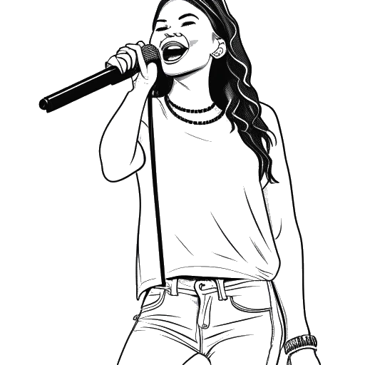 Disegno in stile line art di una donna che rappresenta Tyla, in piedi sul palco con un microfono in mano, con Chris Brown e il logo 'Under the Influence Tour' nella scena.
