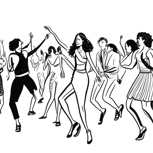 Lijntekening van een vrouw die Tyla vertegenwoordigt, aan het dansen, met verschillende mensen op de achtergrond die ook dansen en telefoons vasthouden.