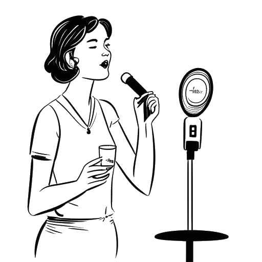 Desenho de arte de linha de uma mulher representando Tyla, em pé ao lado de um microfone, com um relógio marcando tarde e um copo de Kooldrink na cena.