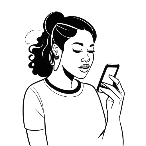 Desenho de arte de linha de uma mulher representando Tyla, olhando para a tela do celular exibindo uma mensagem do Drake, com um balão de pensamento mostrando notas musicais.