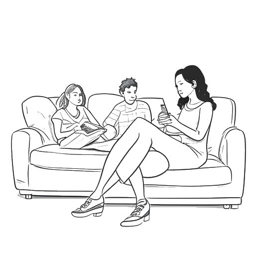 Desenho de arte de linha de uma mulher representando Tyla, relaxando em um sofá, navegando no celular, com membros da família na cena.