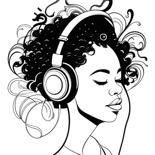 Dibujo de línea de una joven que representa a Tyla, disfrutando de la música de Afrobeats y amapiano a través de auriculares, con notas musicales a su alrededor.