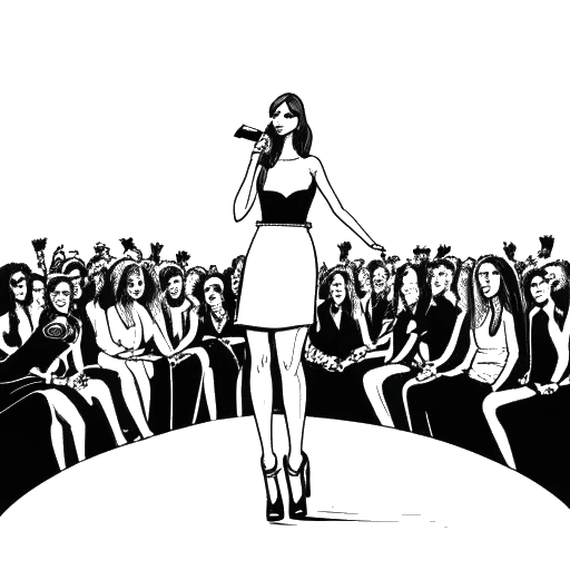 Dibujo de línea de una mujer que representa a Tyla, actuando en el escenario, con miembros de la audiencia elegantes y el logo de Dolce & Gabbana en la escena.