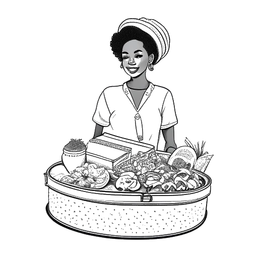 Disegno in stile line art di una donna che rappresenta Tyla, che tiene una valigia piena di vari piatti sudafricani.
