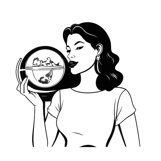 Line art drawing of a woman representing Tyla, holding a glass of water in front of a globe with US Billboard Hot 100 logo, symbolizing her international success.
