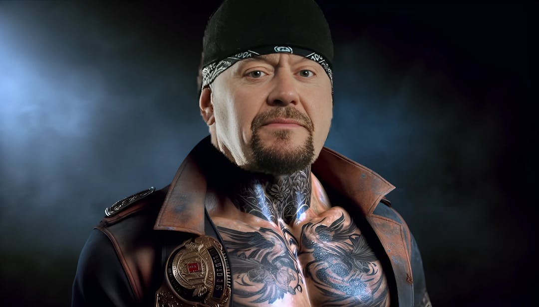 Undertaker, un hombre musculoso con tono de piel claro y tatuajes en el cuello, mirando intensamente a la cámara en un entorno oscuro y atmosférico, encarnando la fuerza y el misterio de un legendario luchador profesional.