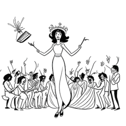 A minimalist illustration of a female performer resembling Beyoncé Knowles, wearing a crown and leading a diverse group of musicians on a stage, with a symbolic bee flying in the background.