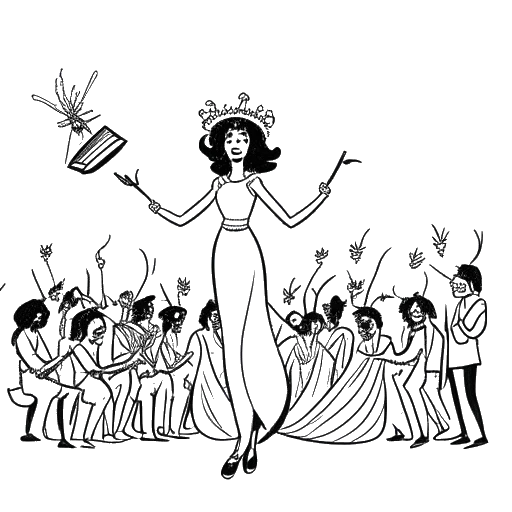 Una ilustración minimalista de una artista femenina que se asemeja a Beyoncé Knowles, con corona, dirigiendo a un grupo diverso de músicos en un escenario, con una abeja simbólica volando en el fondo.