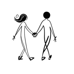 A simplistic drawing of a couple representing Beyoncé Knowles and Jay-Z, walking hand in hand symbolizing unity and support, with musical notes floating around them.