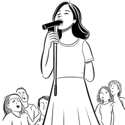 Een zwart-wit illustratie van een jong meisje dat Beyoncé Knowles vertegenwoordigt, gepassioneerd zingend in een microfoon terwijl ze omringd is door een klein kerkkoor op een podium in een kerkelijke omgeving.