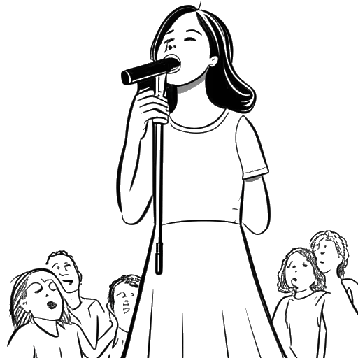 A monochrome illustration of a young girl representing Beyoncé Knowles, singing passionately into a microphone while surrounded by a small church choir on a stage in a church setting.