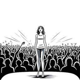 Eine minimalistische Zeichnung einer selbstbewussten jungen Frau, die Beyoncé Knowles symbolisiert, steht auf einer Bühne mit bewundernden Fans um sie herum, beleuchtet von Scheinwerfern.