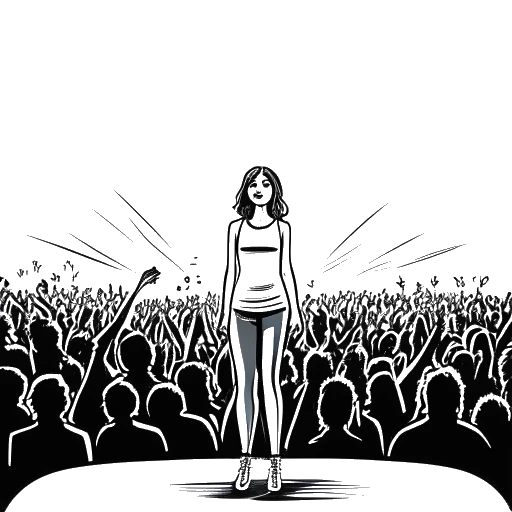 Een minimalistische tekening van een zelfverzekerde jonge vrouw die Beyoncé Knowles symboliseert, op een podium staand met bewonderende fans om haar heen, badend in het licht van spotlights.