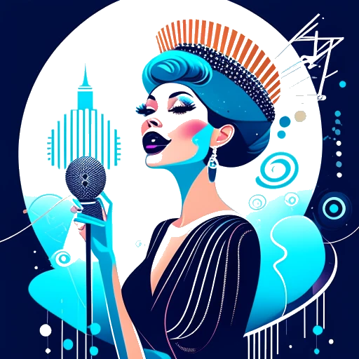 Una ilustración digital que representa a una mujer regia sosteniendo un micrófono y una corona, que simboliza el flujo de ingresos multifacético de Beyoncé que abarca elementos musicales, de moda y de negocios.