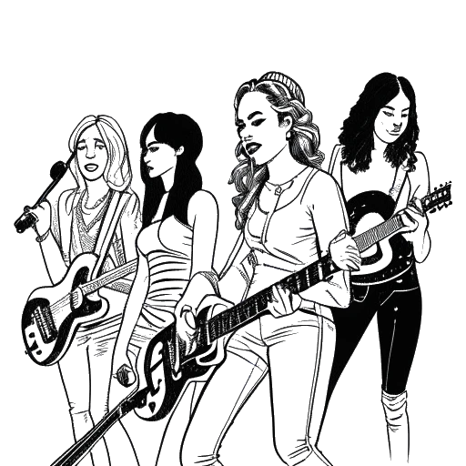 Line art drawing of Beyoncé with her all-female band, aiming to inspire younger generations