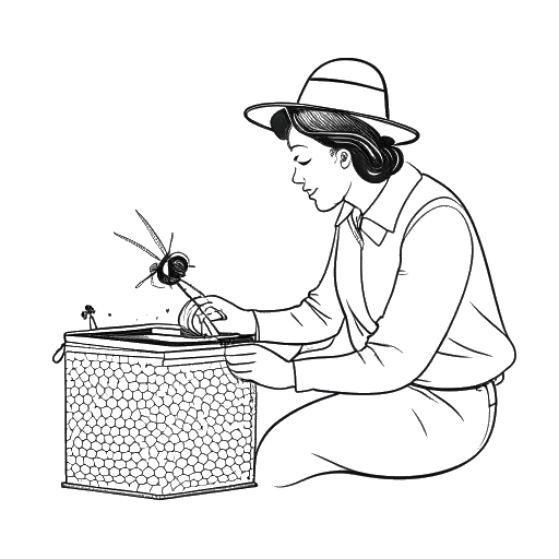 Line art drawing of Beyoncé engaging in beekeeping and producing honey at home