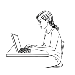 Line art drawing of a woman representing Shoe0nHead, typing on a computer, against a white background.
