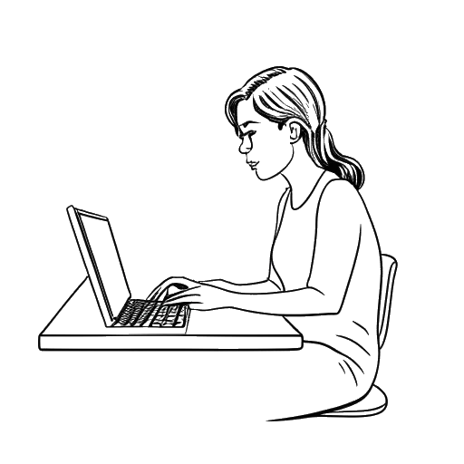 Lijnkunsttekening van een vrouw die Shoe0nHead vertegenwoordigt, typend op een computer, tegen een witte achtergrond.