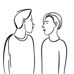 Dibujo de arte lineal de dos personas en una conversación, representando las apariciones de Shoe0nHead en podcasts.