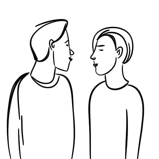 Desenho em arte de linha de duas pessoas conversando, representando as aparições de Shoe0nHead em podcasts.