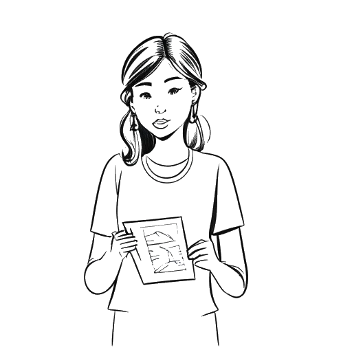 Desenho de arte linear de uma mulher, representando Shoe0nHead, segurando um relatório médico com 'TDAH' e 'tricotilomania' escritos