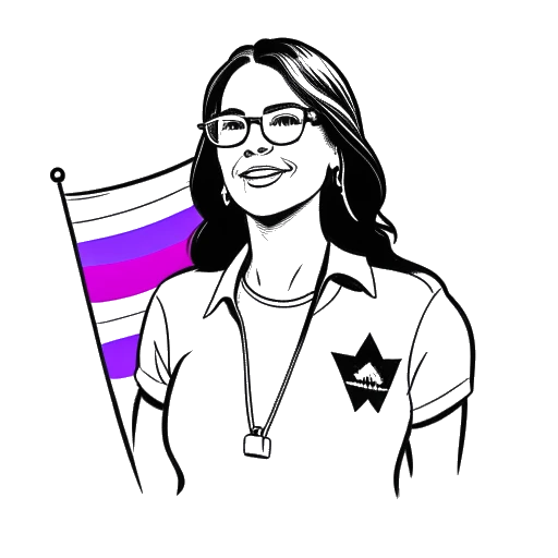 Line art drawing of a woman, representing Shoe0nHead, holding a pride flag, a photo of her younger sister, and a Bernie Sanders campaign button