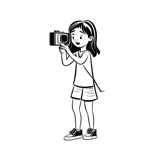 Dibujo de arte lineal de una niña joven, representando a Shoe0nHead, sosteniendo una cámara y señalando un claqueta de director de cine.