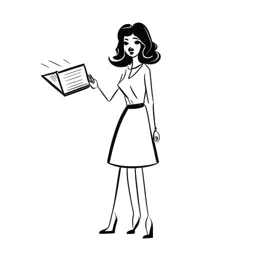 Desenho de arte linear de uma mulher, representando Shoe0nHead, segurando um diploma com um canto quebrado e riscando um clap de diretor de cinema