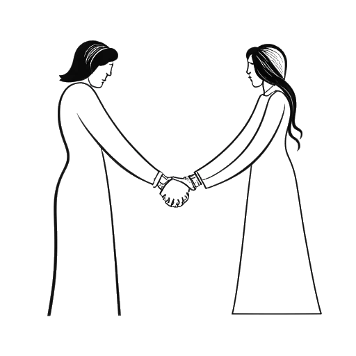 Strichzeichnung einer Frau, die Shoe0nHead repräsentiert, die mit einem Mann, der Eudaimonia repräsentiert, Hände hält, mit Eheringen und einem Kreuz